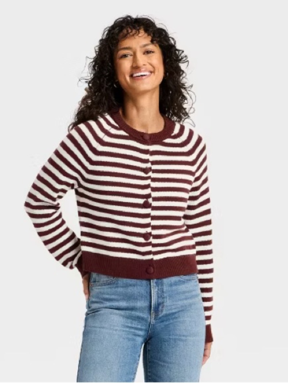 Universal Thread Burgundy & White Striped Cropped Cardigan